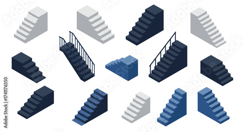 Isometric staircase set in varied colors and styles for design projects