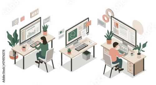 Office workspace with people working on computers in modern isometric design