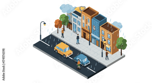 Isometric rainy city street scene with colorful buildings and pedestrians