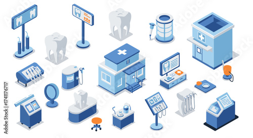 Isometric dental clinic icons set featuring medical equipment and tools in blue and white