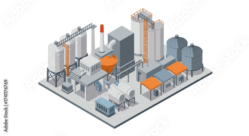 Isometric industrial factory with silos and chimneys for manufacturing concepts