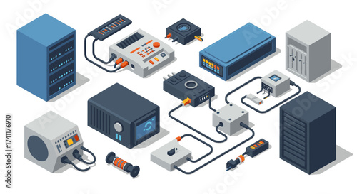 Isometric electronic components and devices on white background