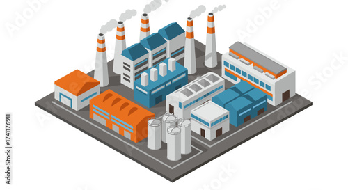 Isometric factory complex with smokestacks and industrial buildings