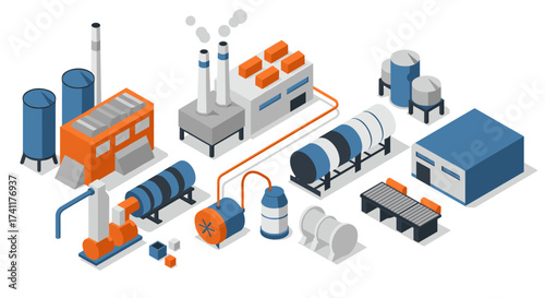 Industrial factory infrastructure in isometric 3d design with complex equipment layout