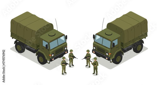 Military trucks and soldiers in isometric style on white background