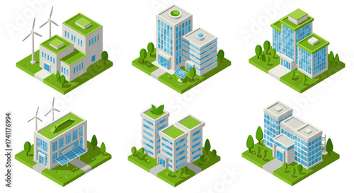 Sustainable green buildings with solar panels and wind turbines in isometric design