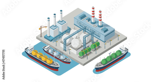 Isometric industrial port with cargo ships and factory buildings