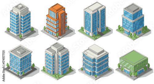 Modern isometric urban buildings collection for real estate and architectural design projects