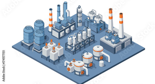 Isometric industrial plant with detailed machinery and chimneys in blue and orange theme