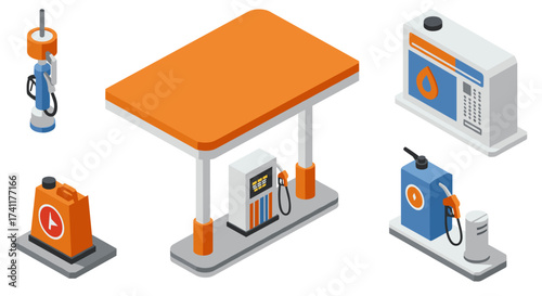 Isometric gas station icons with fuel dispensers and payment terminals