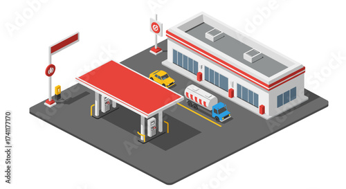 Isometric gas station with convenience store and vehicles in urban setting