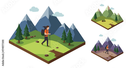 Isometric hiking adventure with backpacker in mountain landscape
