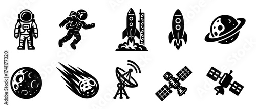 space set silhouettes , astronaut, rocket launch, planet, moon, meteor, antenna, satellite