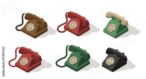 Retro isometric rotary phones in various colors: vintage style telecommunication devices