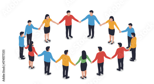 Diverse people holding hands in a circle on white background