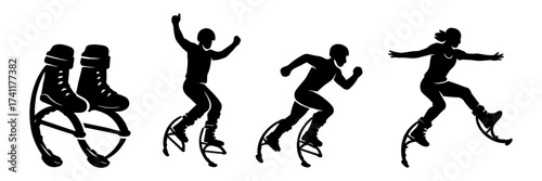 jumping stilts silhouette icons , kangaroo boots, running steps