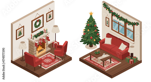 Cozy christmas living room with fireplace and decorated tree in isometric style