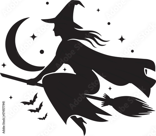 Halloween witch flying on broom monochrometic art. Witch character  vector art illustration elements