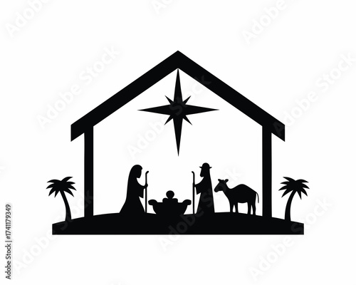 Christmas nativity scene with star of Bethlehem, vector silhouette