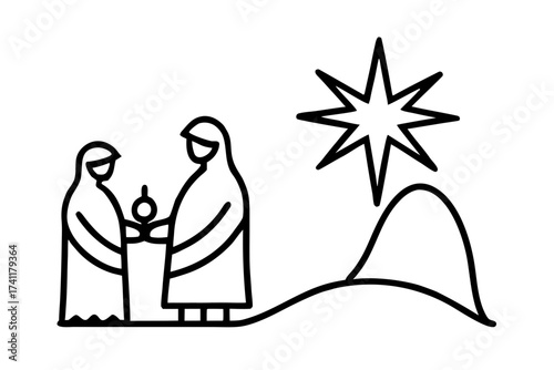 line art Christmas nativity scene with star of Bethlehem, vector silhouette isolated on white background