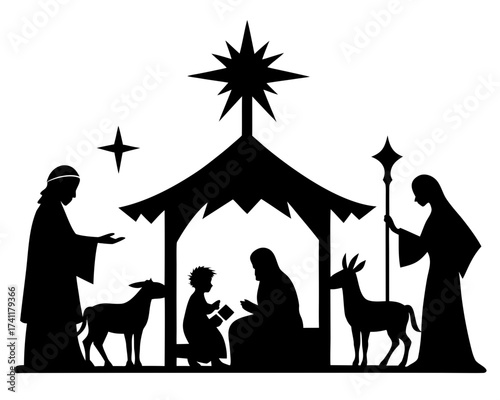 Christmas nativity scene with star of Bethlehem, vector silhouette isolated on white background