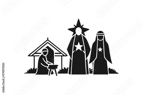 Christmas nativity scene with star of Bethlehem, vector silhouette