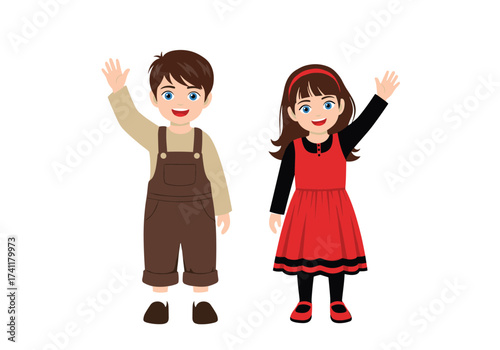 Two smiling children waving hello in their casual outfits.