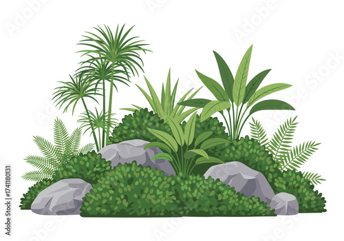 Lush green plants and mossy rocks in a vibrant garden setting.