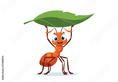 A strong ant carries a green leaf above its head.