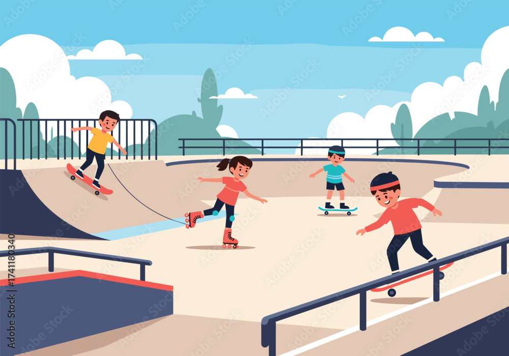 Obraz premium Children enjoying various wheeled sports at the skate park.