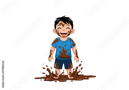 A happy child standing in a puddle of mud and splashing.