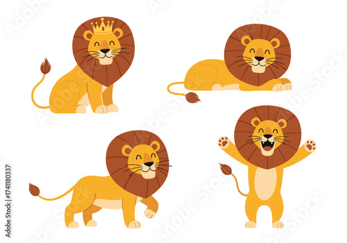 Four playful cartoon lions in different poses and expressions.