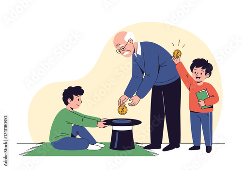 Grandfather teaching his grandchildren magic tricks with coins.
