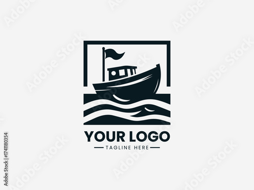 Bold adventure boat vector logo with rugged design and expedition details for outdoor company