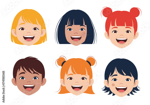 Six diverse cartoon children faces laughing together happily.