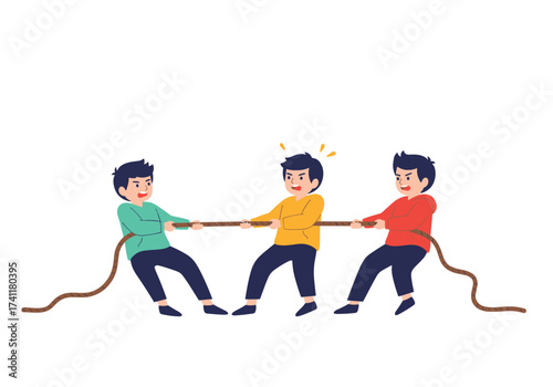 Three people pulling on a rope in a tug of war game.
