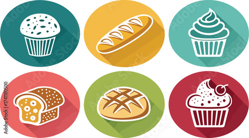 Colorful assortment of bakery icons representing fresh bread muffins and cupcakes on a clean background