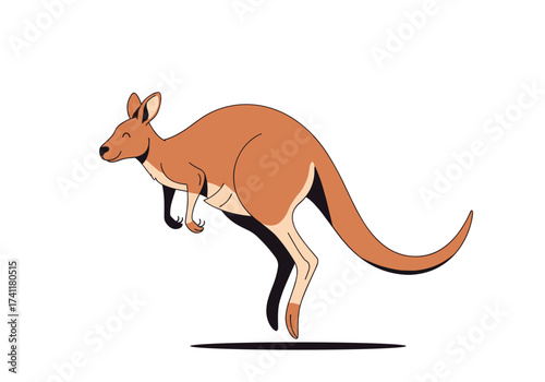 A brown kangaroo jumping across a white background.