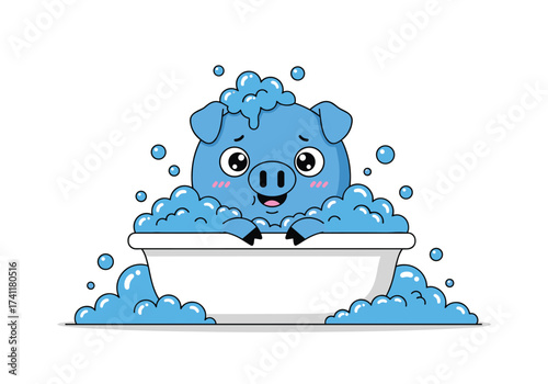 A happy blue piglet enjoys a bubbly bath time.