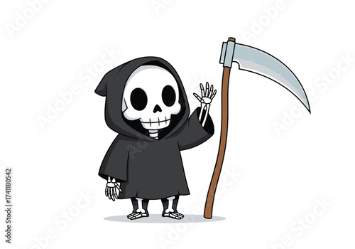 A cute cartoon grim reaper waving hello with a scythe.