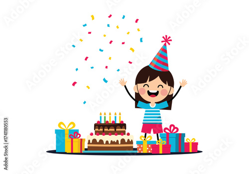A happy child is celebrating their birthday surrounded by gifts and a cake.