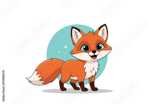 Cute cartoon fox with big blue eyes stands against a pale blue circle.