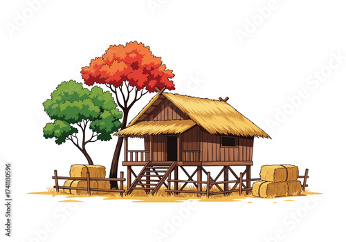 A traditional stilted house surrounded by nature and hay bales.