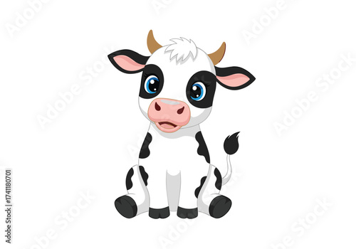 A cute cartoon calf sits patiently with big blue eyes.