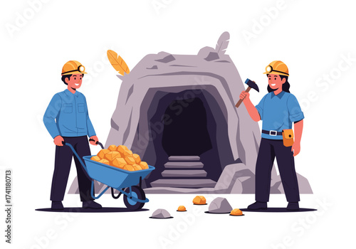 Miners extracting gold from the mountainside.