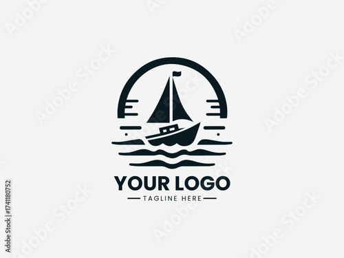 Bold adventure boat vector logo with rugged design and expedition details for outdoor company