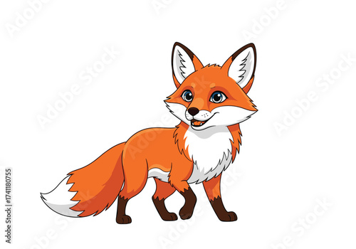 A charming cartoon fox with bright eyes and a bushy tail stands alert.