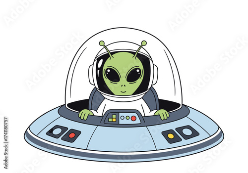 An extraterrestrial traveler pilots a classic flying saucer through the cosmos.