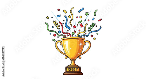 Golden Trophy Exploding with Colorful Confetti and Stars Celebrating Achievement and Success