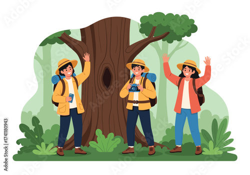 Three happy hikers waving in a lush green forest.